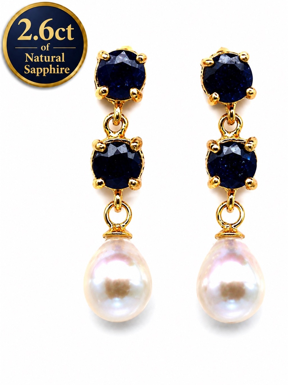 Sapphire & Pearl Earrings 14k yellow Gold Electroplated on 925